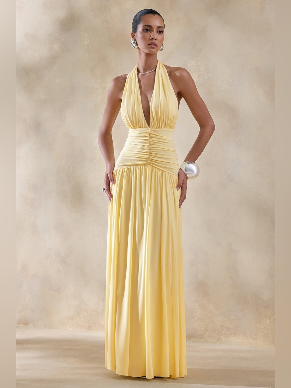 BETTINA Lemon Yellow Plunge-Neck Maxi Dress With Gathered-Detailing